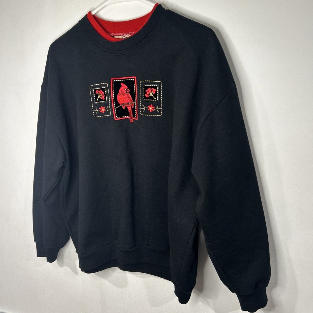 Vintage Top Stitch Black L Petite Embroidered Cardinal Floral Berries Sweatshirt
